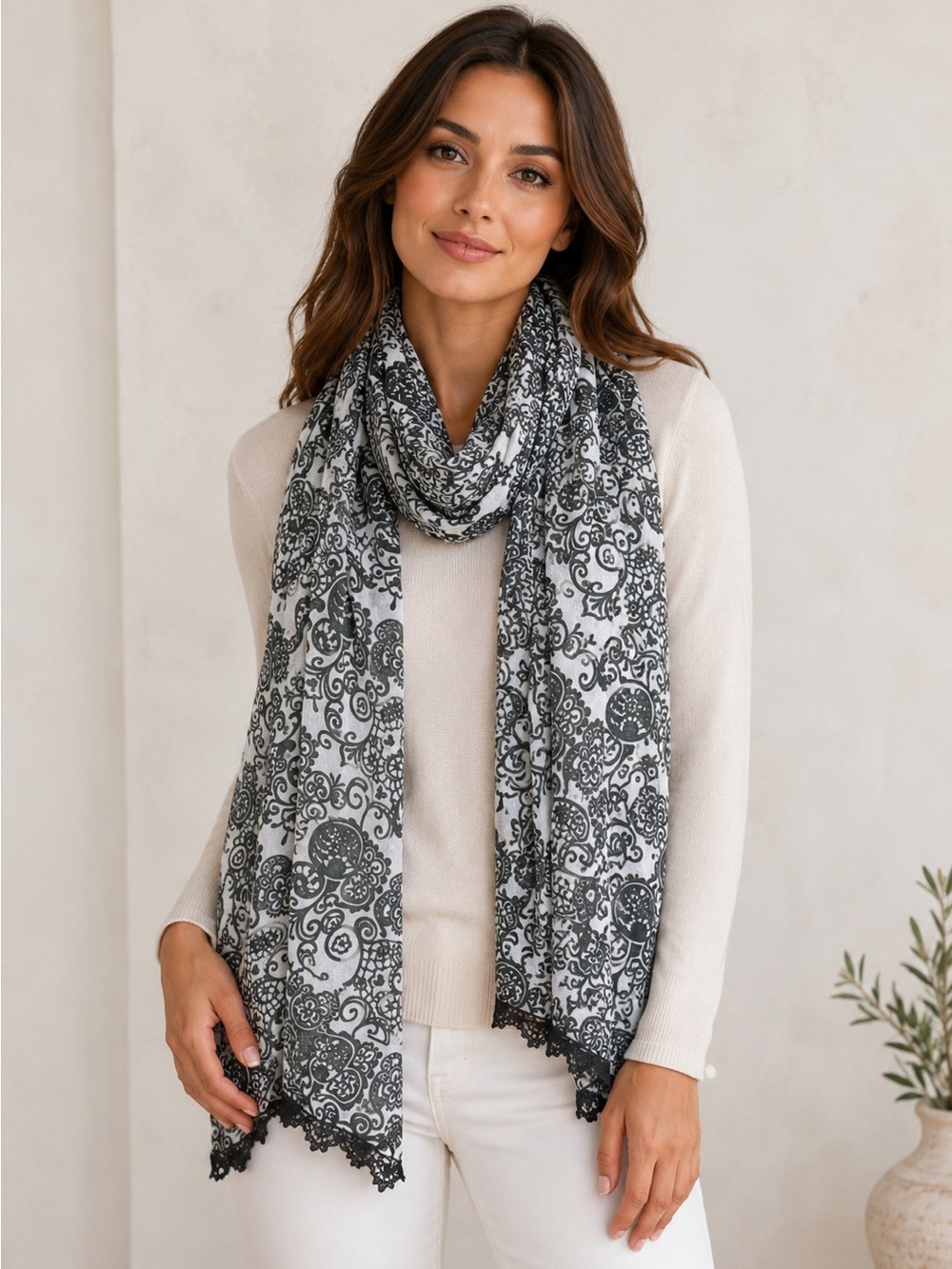 Disney Parks Mickey Black and White Paisley Print Lightweight Scarf lace trimmed